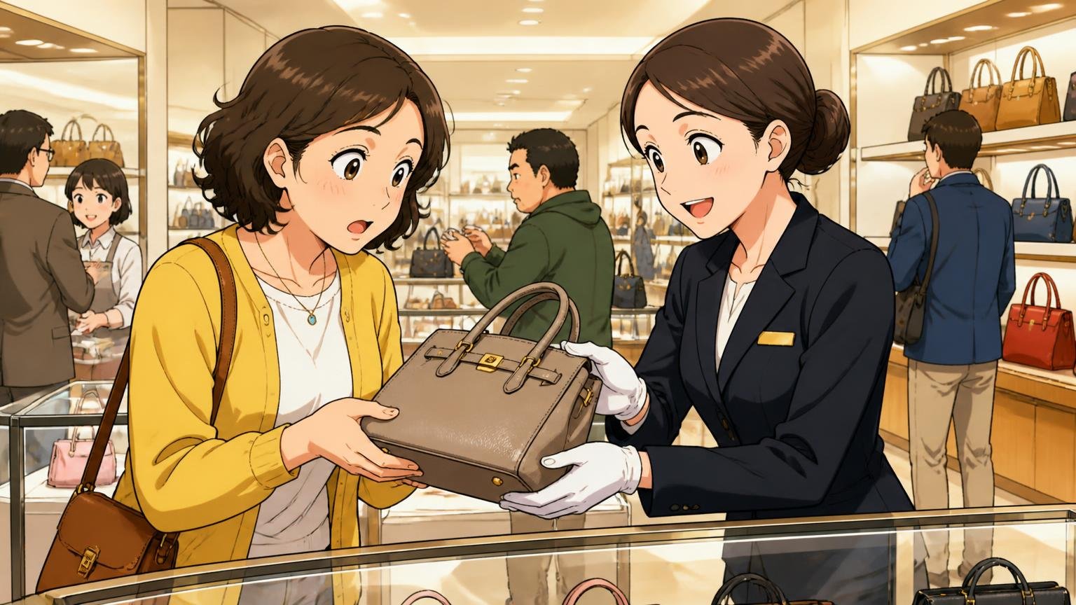 正規販売店は600店舗以上、ただし偽物と詐欺サイトには公式も注意喚起 百貨店の鞄売り場で店員と客の2人がバッグを確かめる場面