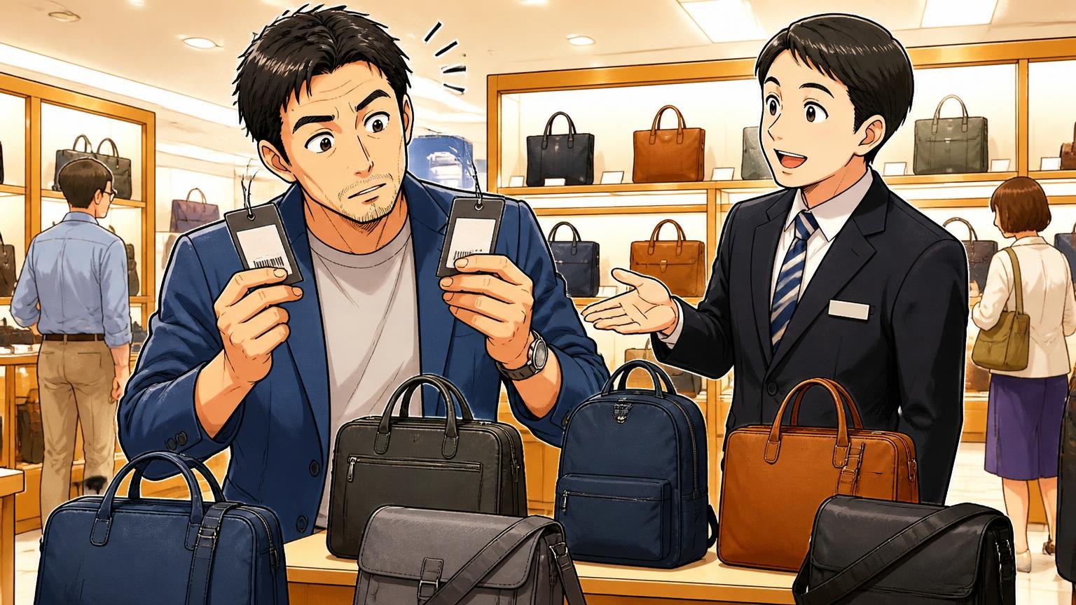 バッグの種類は6つ、価格帯は税込3万円台〜5万円台。百貨店の鞄売り場で値札を手に取り見比べる40代男性1人と店員1人が話す場面