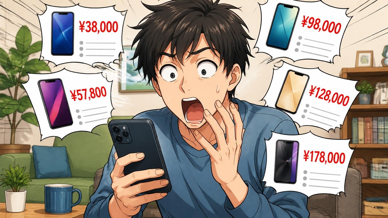 3万円台〜18万円台まで、価格帯の広さが評判のブレを生む 自宅のリビングでスマホの価格一覧に目を丸くする男性1人