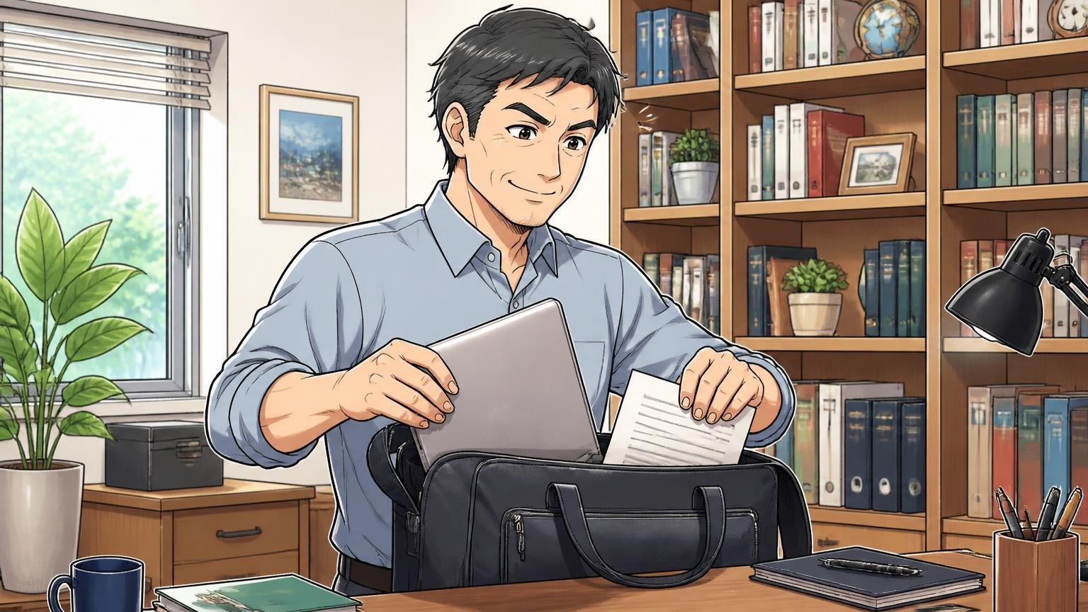 用途を決めて選んだ人ほど満足している 自宅の書斎でPCと書類をバッグに詰める場面 40代男性1人 満足げにうなずく