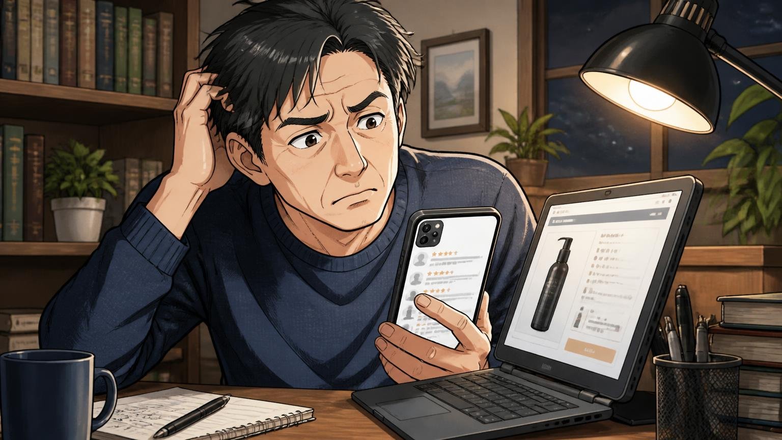 要注意:ネットの口コミの多くは「旧シリーズ・旧価格」の声 夜の書斎でスマホの古い口コミと公式サイトを見比べて首をかしげる40代男性1人の場面