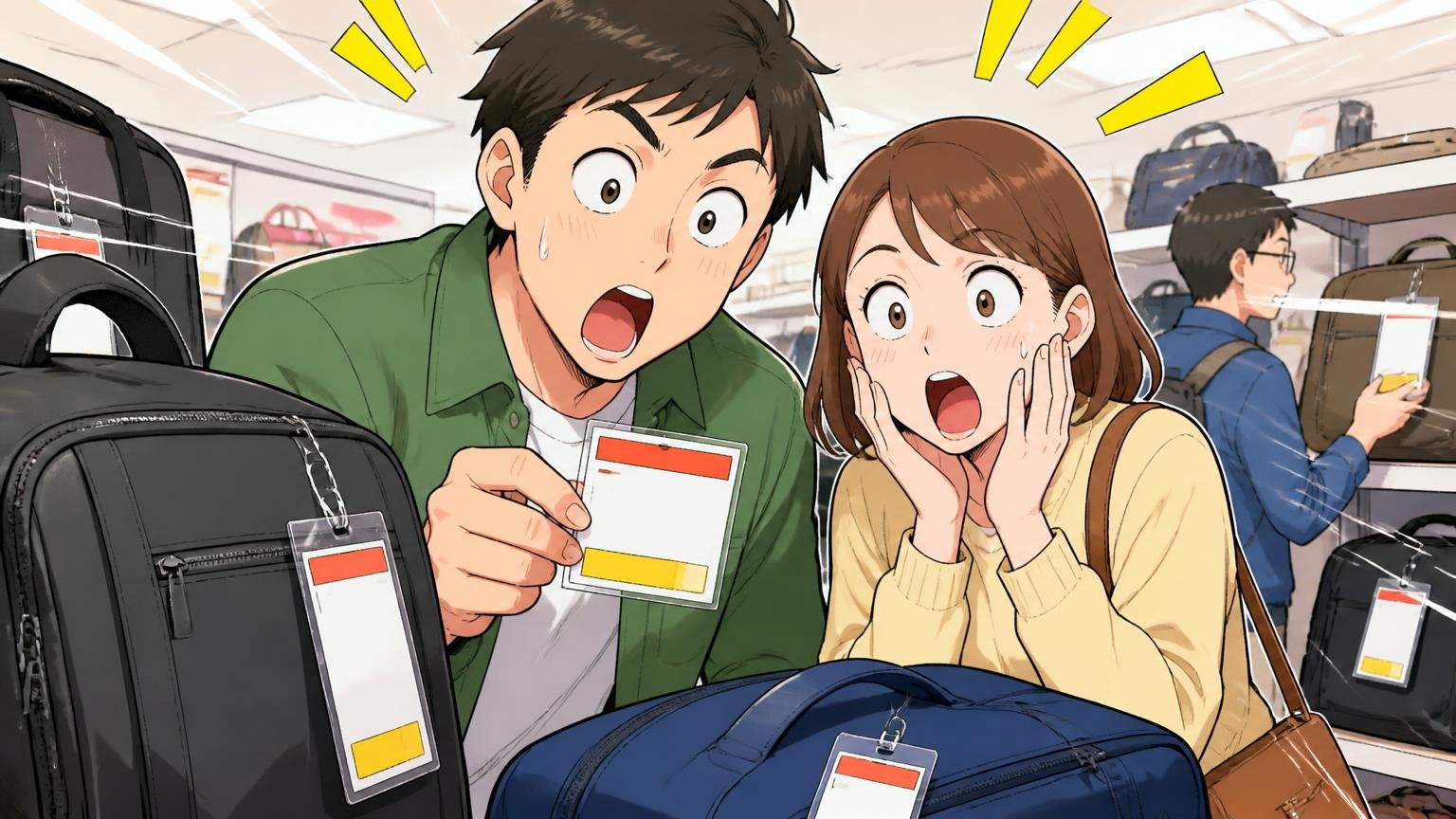 「この値段でこのクオリティー」｜1〜2万円台という価格への満足　家電量販店のバッグ売り場で値札を見て目を丸くする夫婦2人