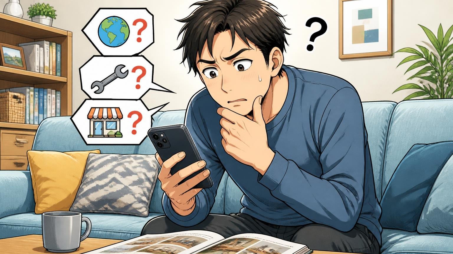 確認できなかったこと|生産国・修理窓口・実店舗、自宅のソファでスマホの商品ページを何度もスクロールして首をかしげる男性1人