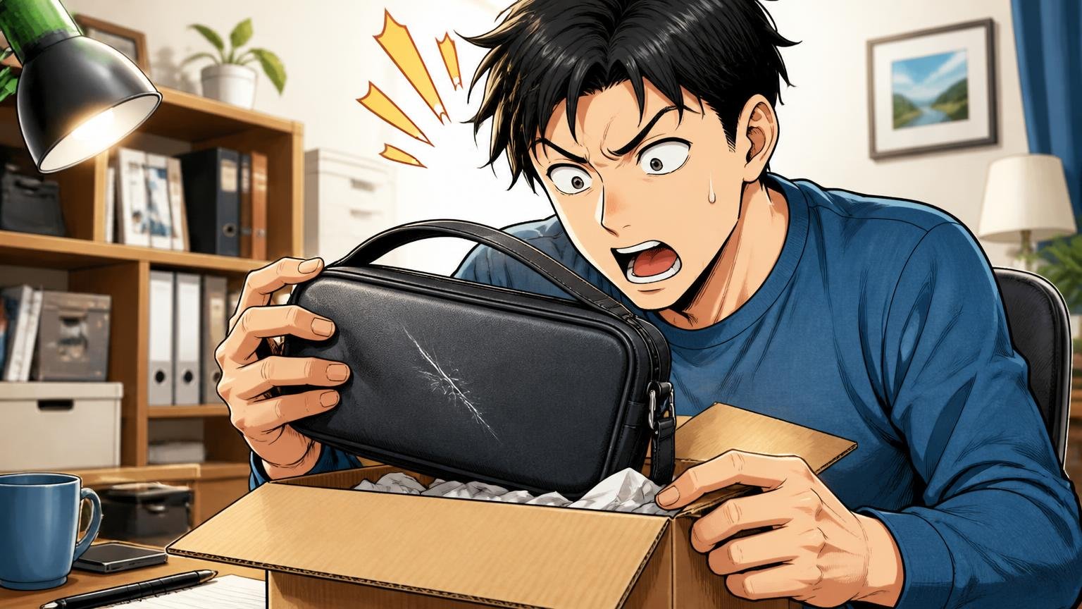 口コミは信用できる？サクラ分析と返品・交換の条件 自宅のデスクで届いたバッグの箱を開けて傷を確認する男性1人