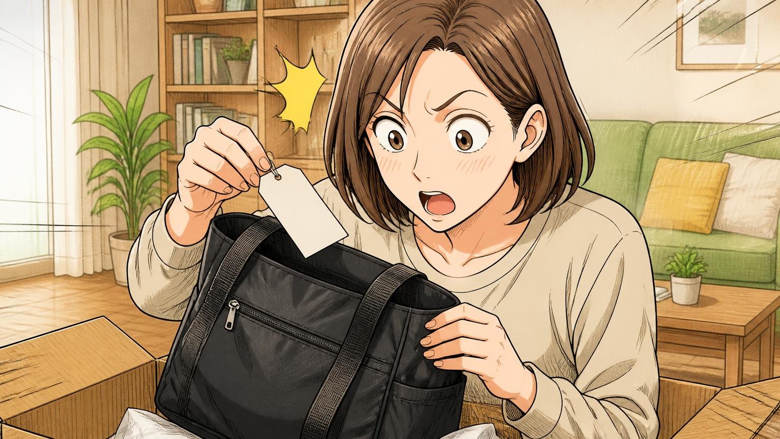 素材はナイロン・ポリエステルが中心で、本革のビジネスバッグではない リビングで30代女性が届いたナイロン製バッグのタグを確かめて驚く場面