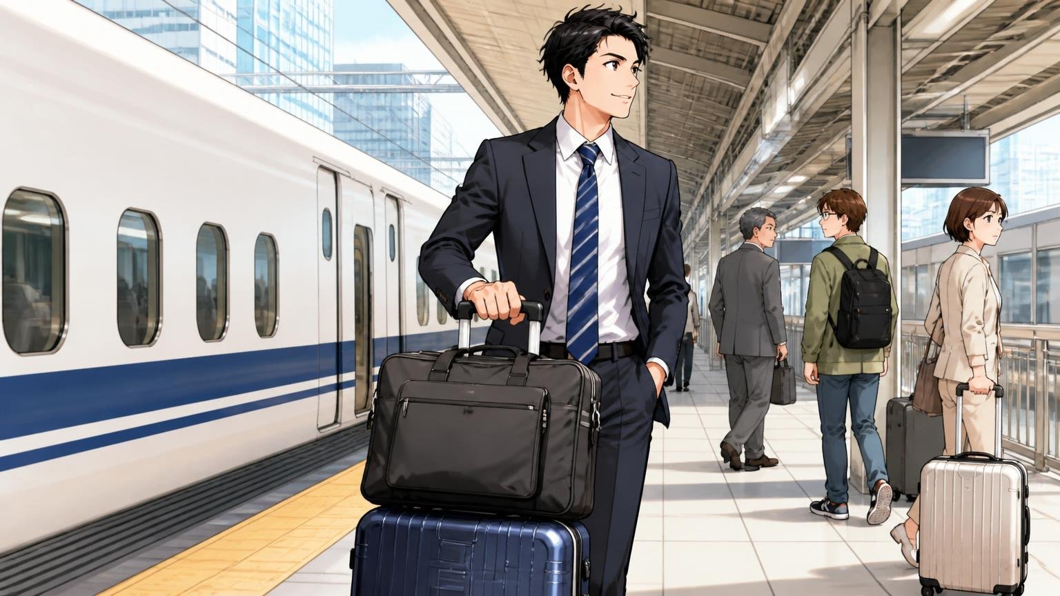 出張が多い人には「これ1つで済む」頼もしさ 新幹線ホームでスーツケースにバッグを載せて歩く30代男性1人