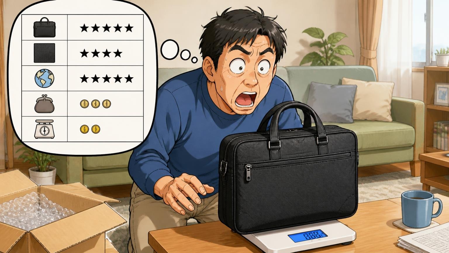 ビジネスバッグの素材・生産国・価格・重さを一覧で確認 自宅のリビングで届いたバッグをはかりに乗せて目を丸くする40代男性1人