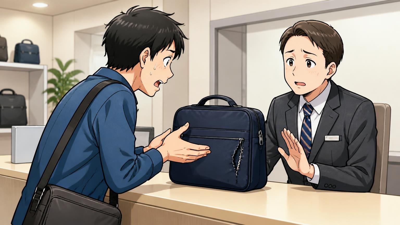保証と修理の実態|保証期間を明記したブランドの一覧には入っていない エースのカスタマーセンターの受付で店員にバッグの修理を相談する男性1人