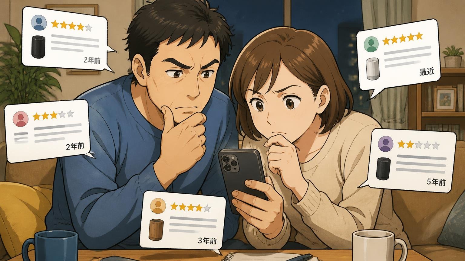 「何年使った声か」「何の製品の声か」を必ず確かめる 夜のリビングでスマホの口コミを真剣に読み比べる夫婦2人