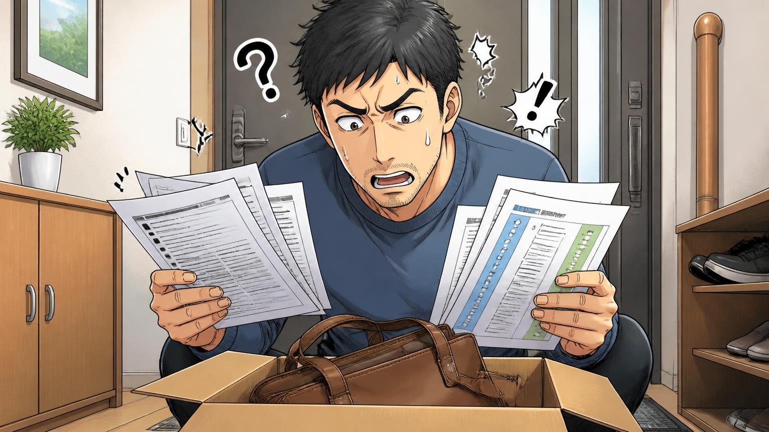返品条件は購入先で違い、バッグの修理受付の案内は見当たらない 自宅の玄関で届いた革バッグの箱を前に返品条件を確認する40代男性1人
