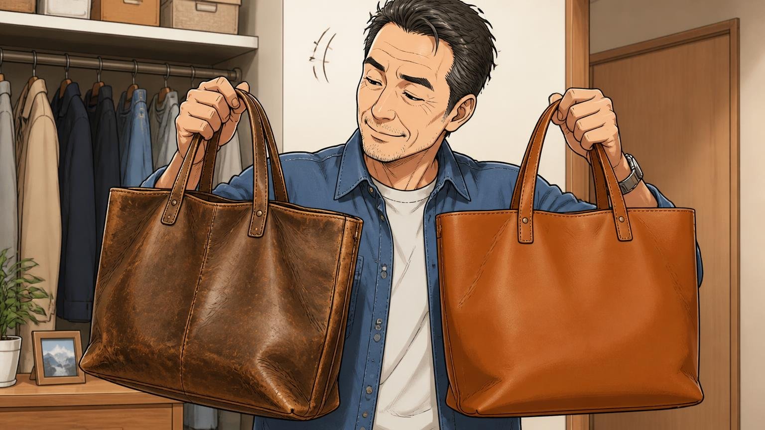 5年使って、同じトートをリピートする人もいる 自宅のクローゼットの前で使い込んだ革トートと新品を見比べる場面 50代男性1人 満足そうにうなずく
