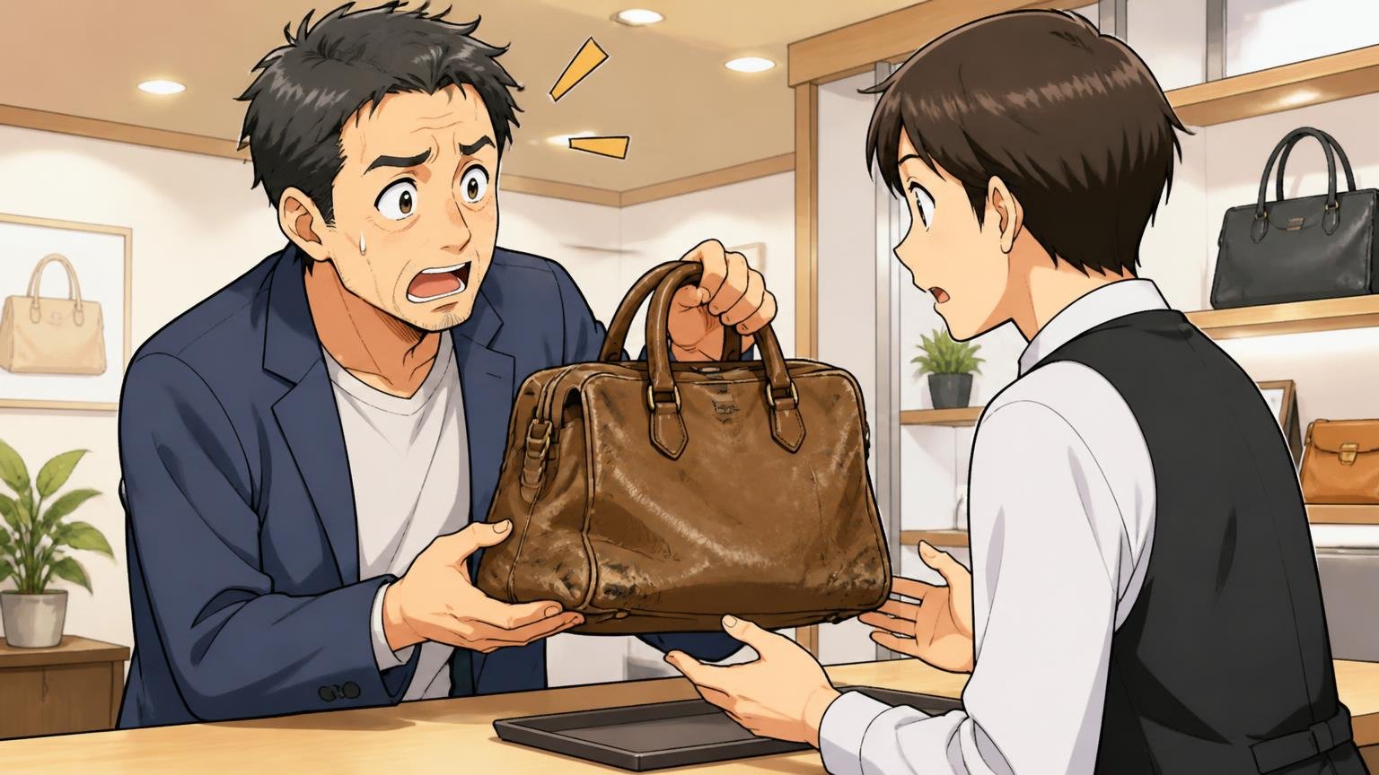 修理はWEBと直営店で受付 直営店のカウンターで店員に傷んだ革バッグを見せて相談する40代男性1人