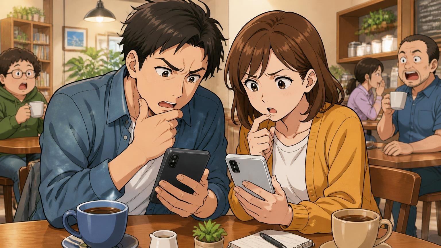 口コミは「何年使った人の声か」で読むと信頼性が見えてくる カフェのテーブルでスマホの口コミ画面を見比べながら考え込む夫婦2人