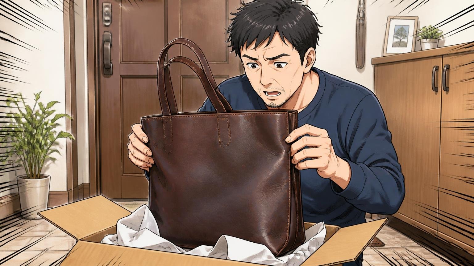 修理は公式で受付。ただし返品は初期不良のみで「個体差」は対象外、自宅の玄関先で届いた革トートの箱を開けて背面を確かめる40代男性1人