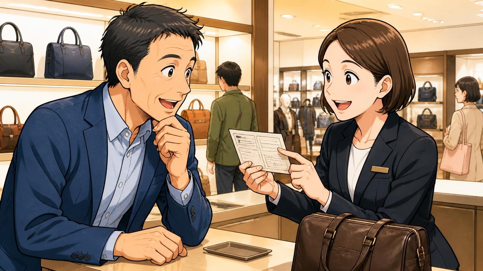 保証は購入から6か月、修理の相談窓口もある 百貨店の鞄売り場のサービスカウンターの場面 40代男性1人と店員1人が保証カードを見ながら笑顔で話す