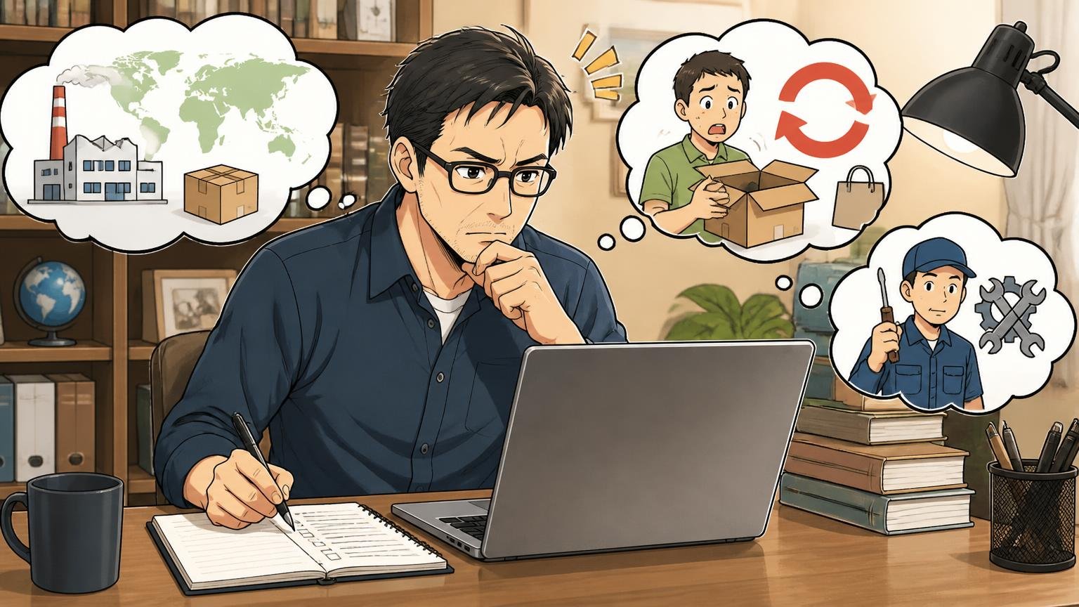 生産国・返品・修理は「どこまで公開されているか」を見る、自宅の書斎でノートPCを見ながらメモを取る40代男性