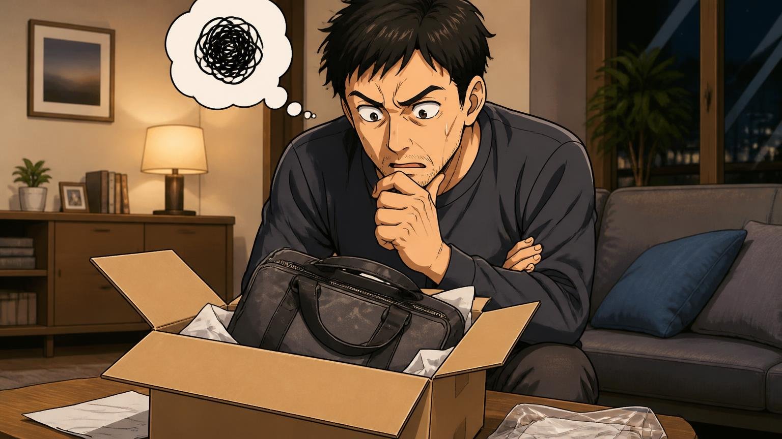 公式ストアは自己都合の返品不可、買う場所で条件が変わる 夜のリビングで届いたバッグの箱を開けて考え込む40代男性1人の場面