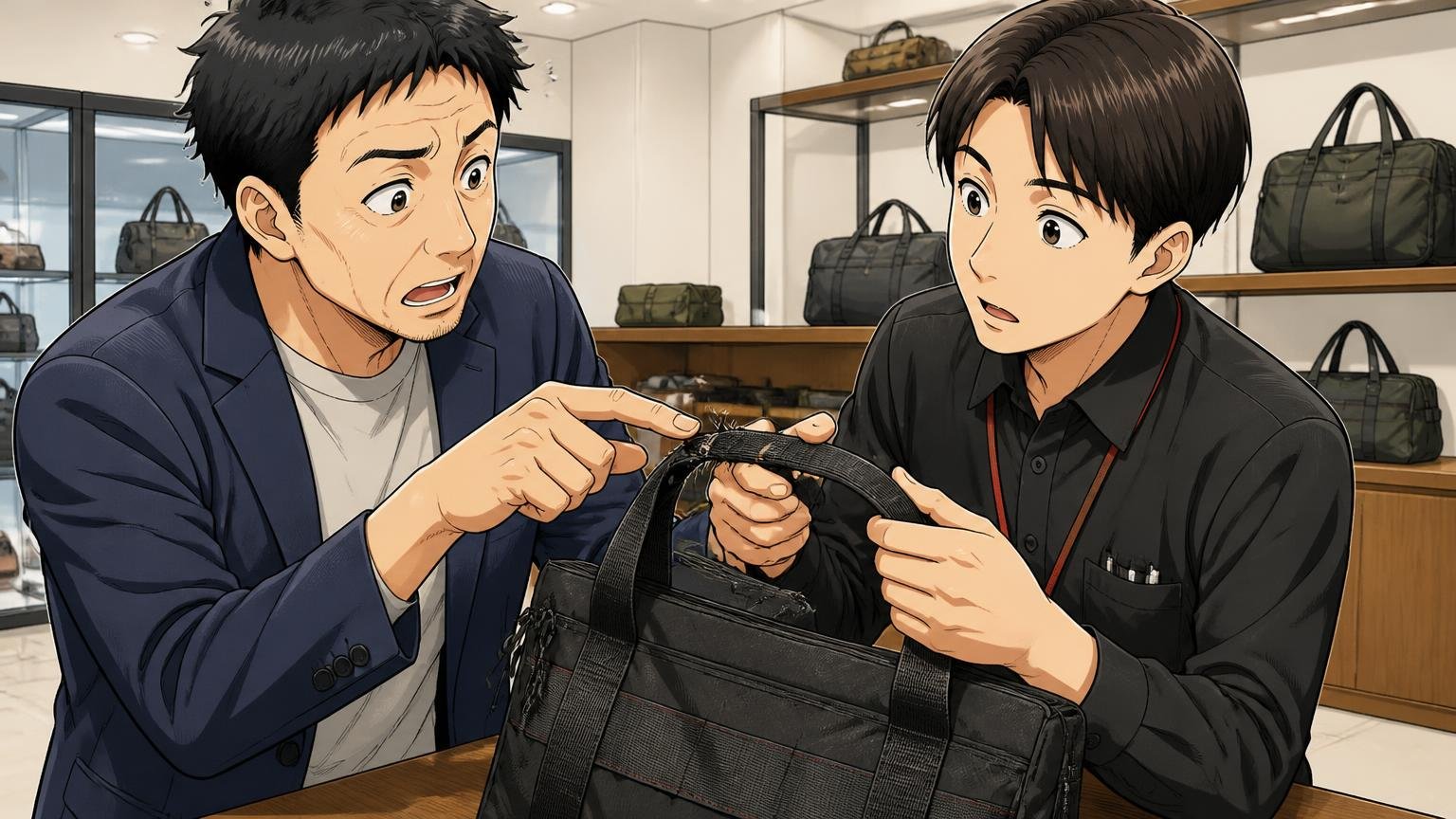 保証は購入後12カ月、修理はBRIEFING直営店が窓口/バッグ店のカウンターで持ち手のほつれを店員に相談する40代男性と店員の2人