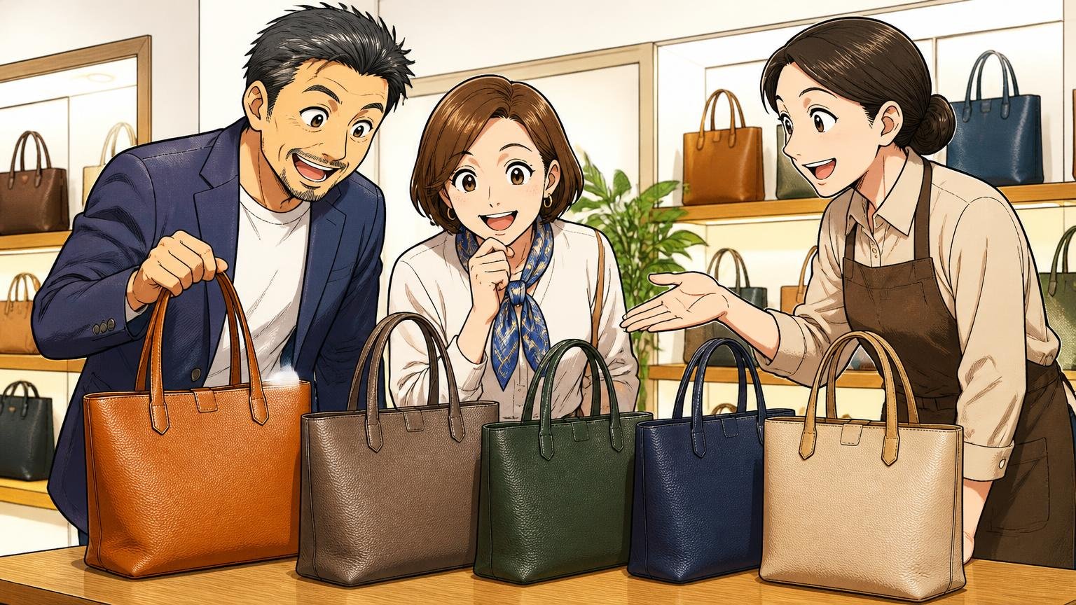 店舗で色や個体差を見比べてから買える　明るい直営店で店員と一緒に色違いの革トートを並べて見比べる40代夫婦の2人