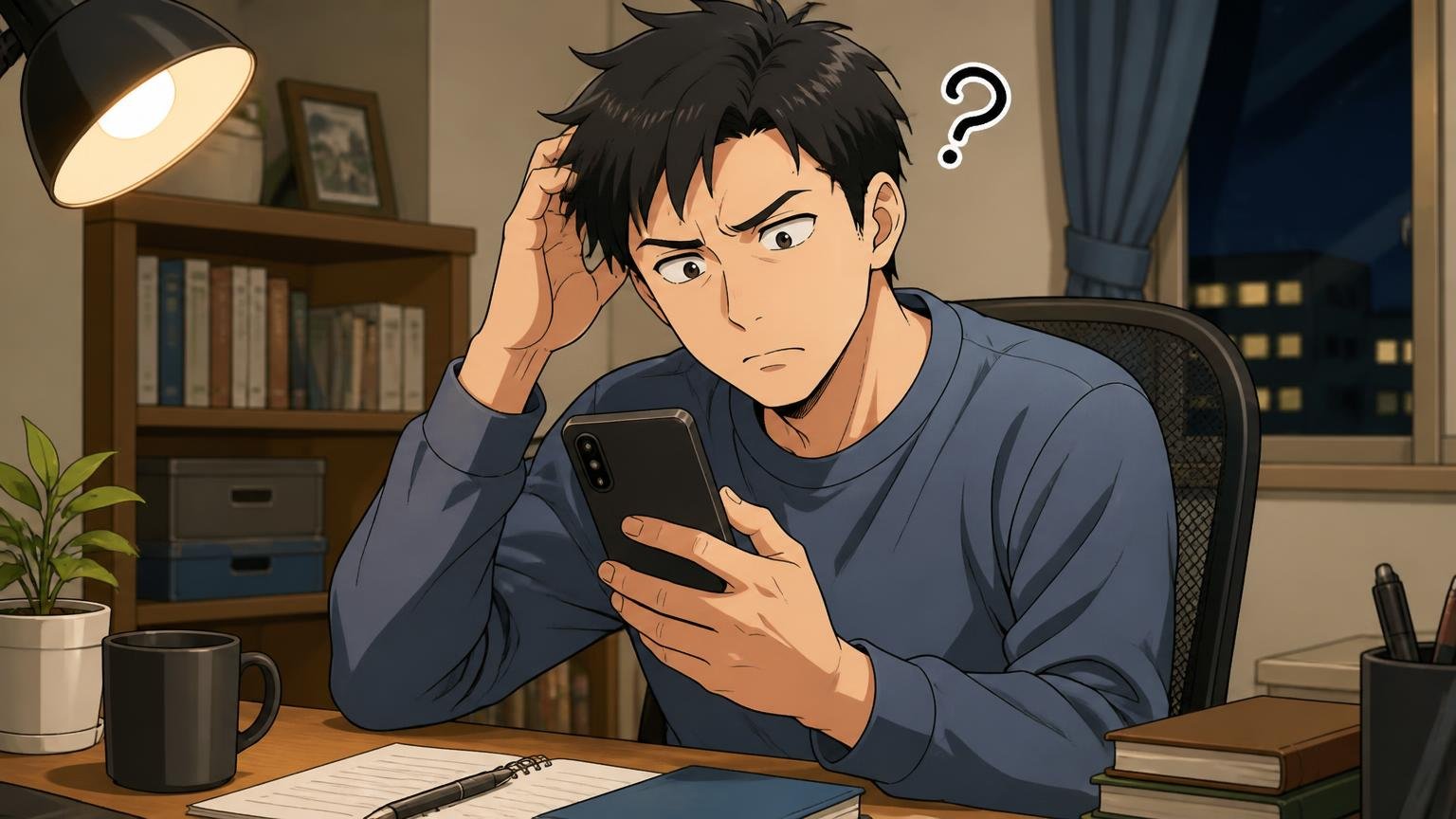 「何年使ったか」が書かれた口コミがほとんどない 夜の自宅のデスクで男性がスマホの口コミ一覧をスクロールしながら首をかしげる場面