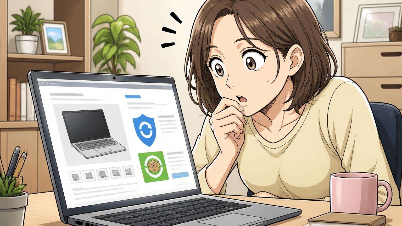 保証は180日の交換、返品は14日以内・未使用 自宅の机でノートPCの購入ページを確認する場面 30代女性1人が画面をのぞき込む
