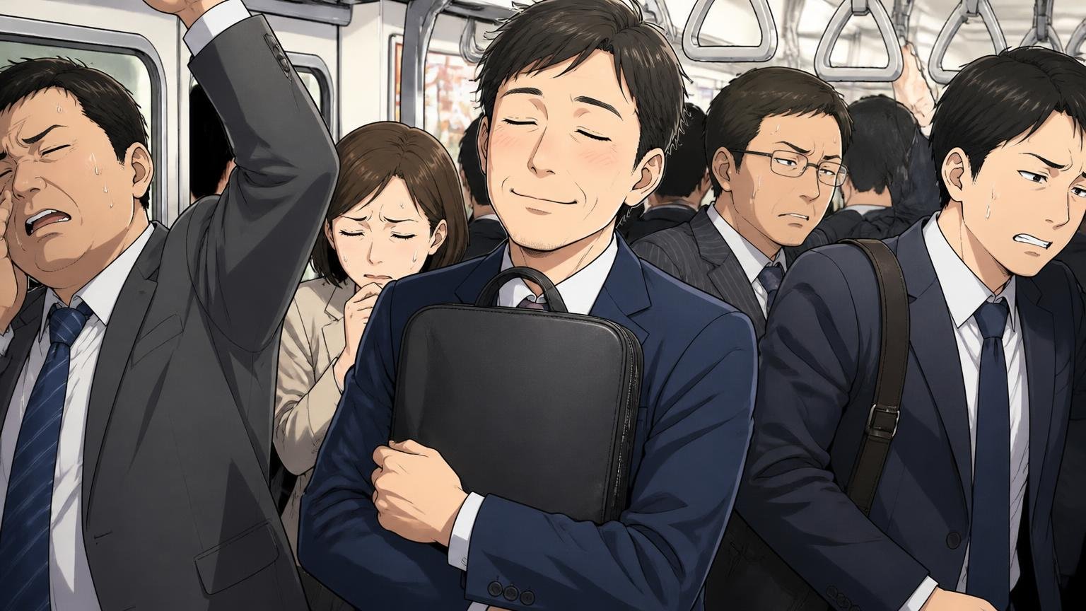 薄マチでスーツに合い、コスパが高いという声、満員の通勤電車で薄型の革リュックを前に抱える40代男性1人がほっとした表情を見せる場面