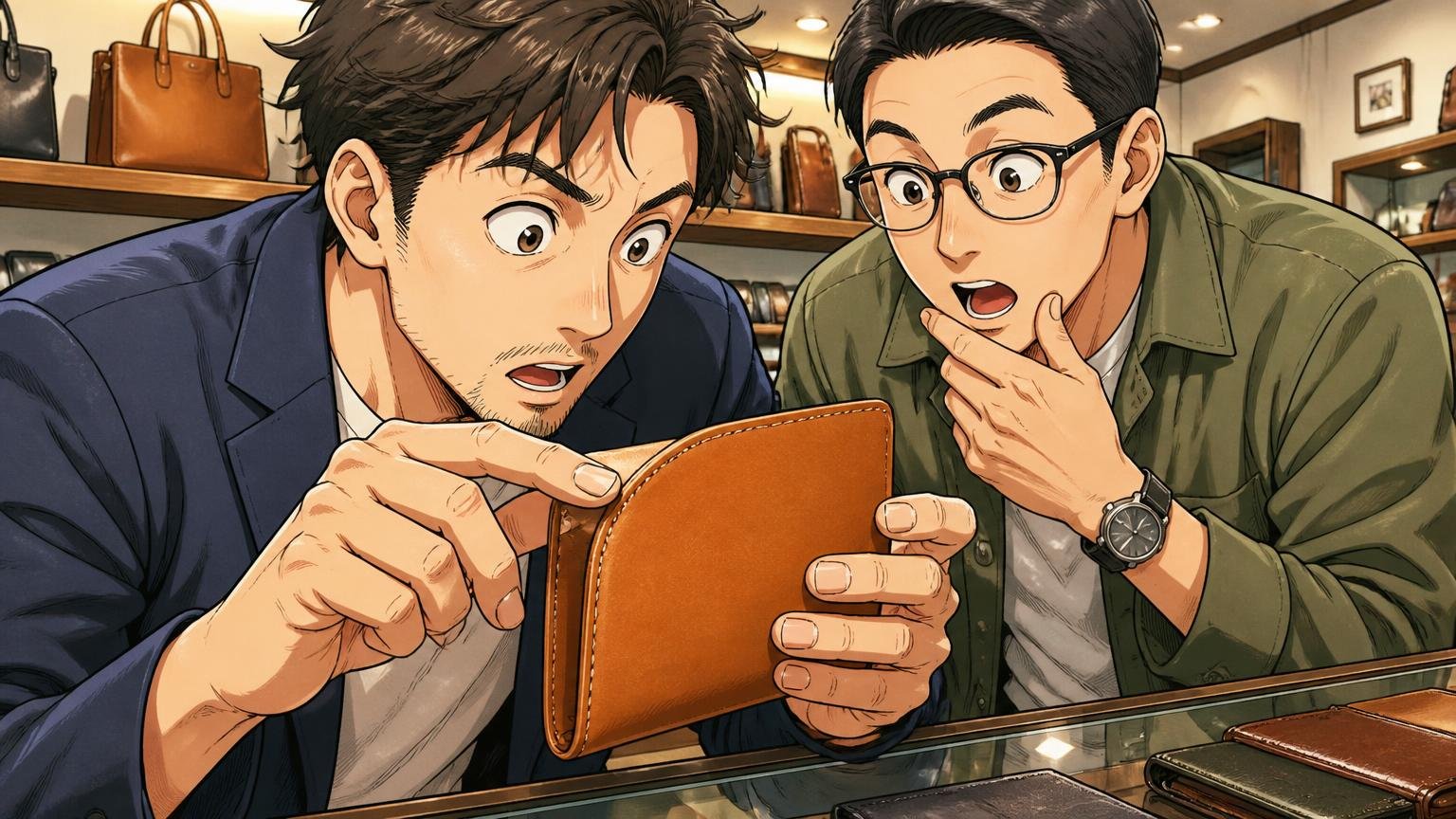 縫製が均一できれいで、ロゴが控えめだから大人が持ちやすい 革製品店のカウンターで縫い目を間近で確かめる男性客2人が感心する場面