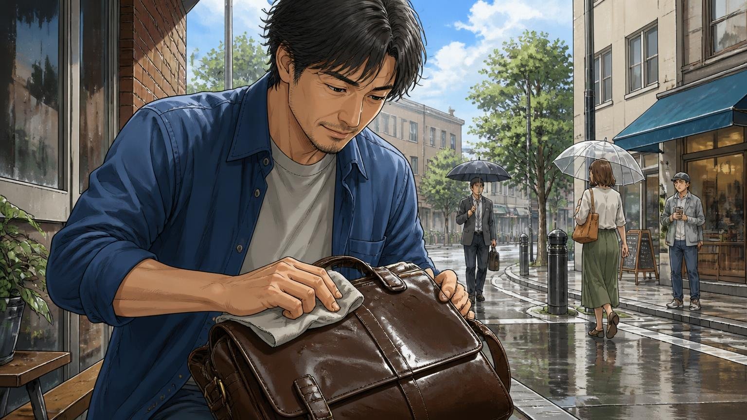 長く使った人の声からわかる「経年変化」と「雨」との付き合い方 雨上がりの街角で革のバッグの表面をそっと拭く40代男性1人