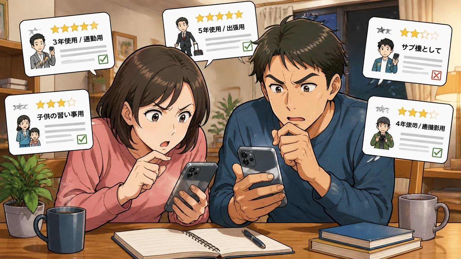 口コミは「星の数」より「使用年数・用途・購入先」で読む 夜の自宅の机でスマホのレビュー画面を真剣に読み比べる夫婦2人の場面