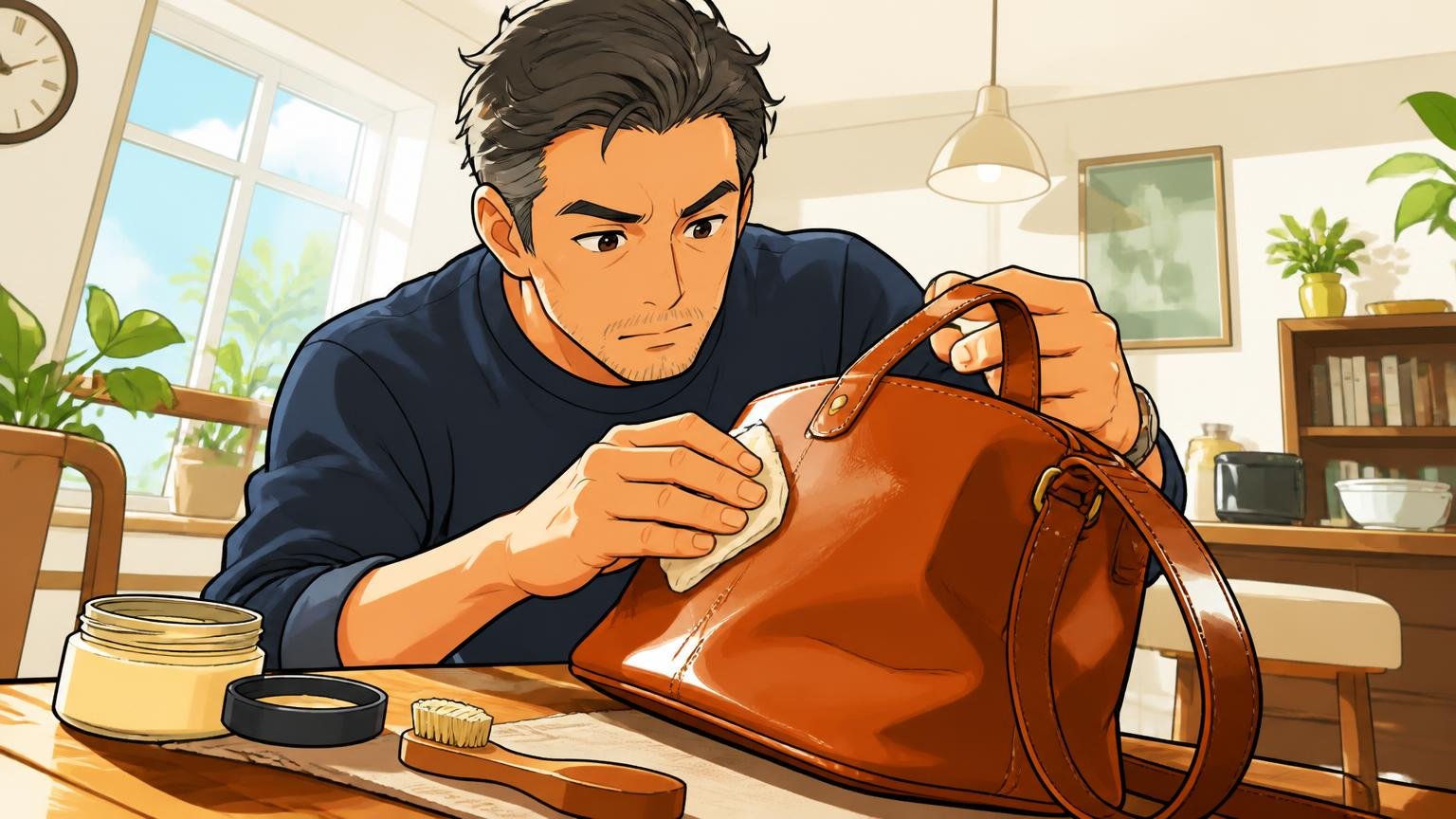 数か月に1回のクリームケア 休日の明るいダイニングで布に少量のクリームを取り革バッグに塗る40代男性1人が真剣な表情