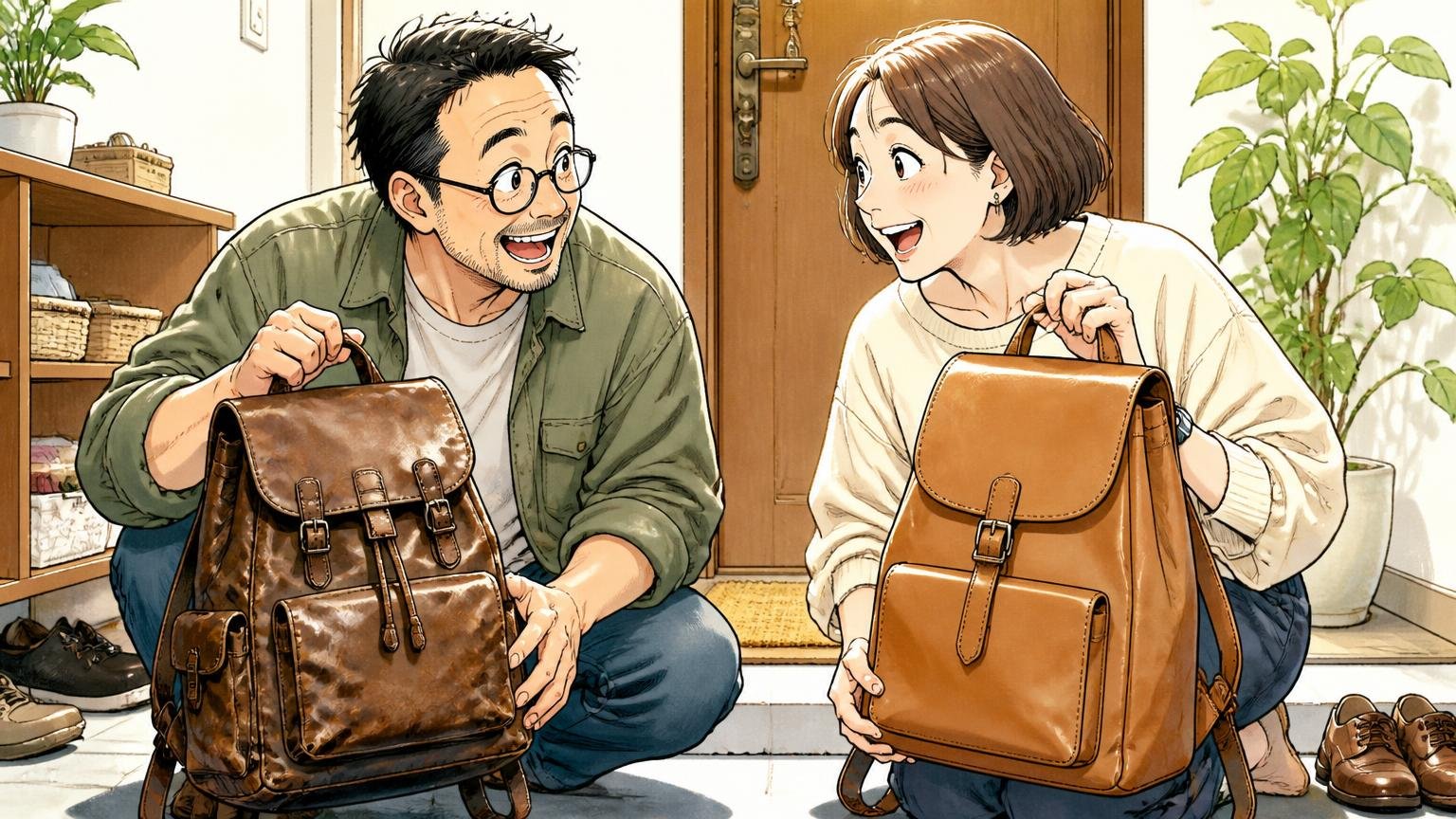 何年も愛用して同じブランドで買い替える人が多い、玄関で使い込んだ革のリュックと新しいリュックを並べる夫婦が笑顔で話す場面
