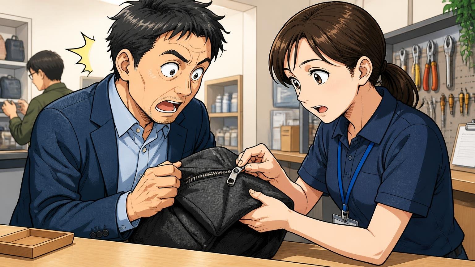 保証と修理は「相談できる」が「保証期間の明記はない」、修理受付カウンターで40代男性客と受付スタッフの2人がファスナーを確かめる場面