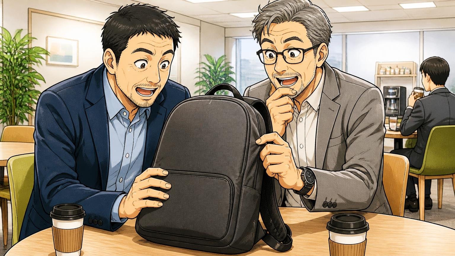 「ロゴで主張しない質感」は40代・50代からも好評、オフィスの休憩スペースで40代と50代の男性2人がリュックの質感に感心する場面