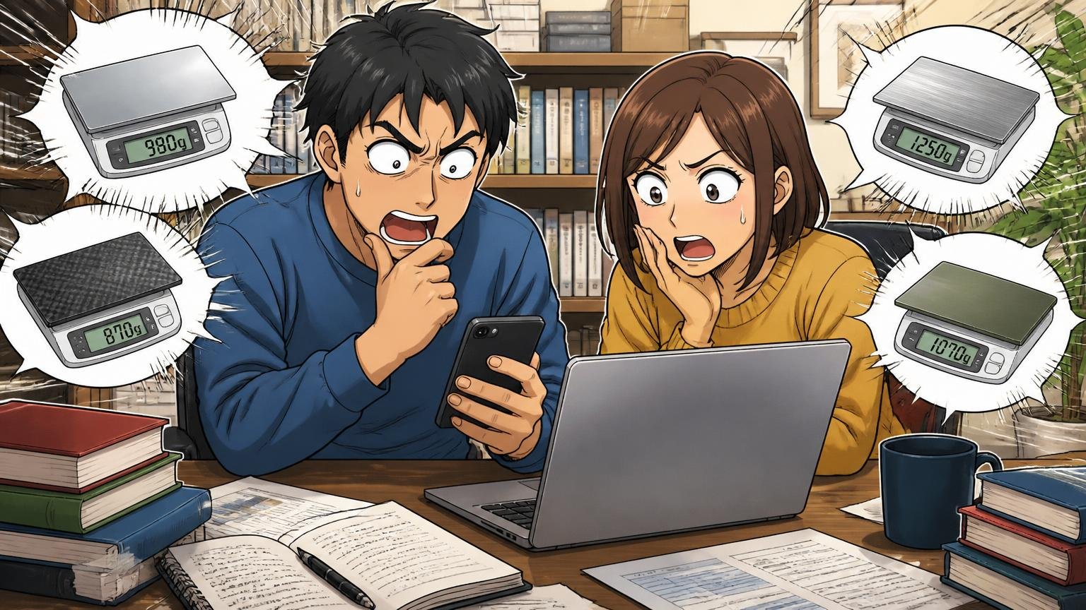 公式情報と照らし合わせる：重さや素材の説明がバラバラな理由、書斎でスマホとPCを見比べて驚く男女2人の場面