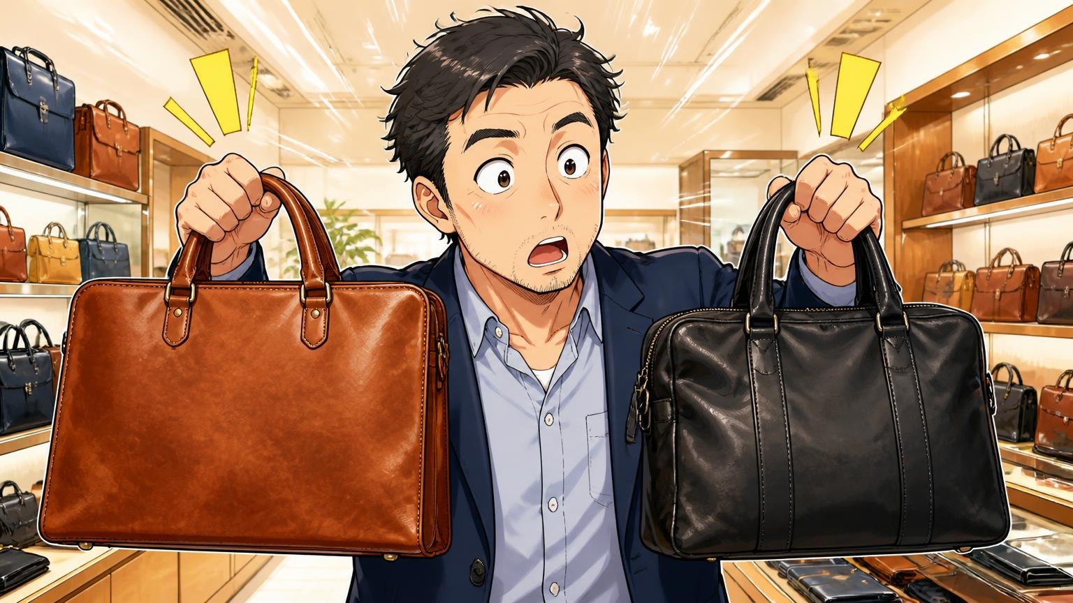 重さと価格の違いを公式の数字で見比べる、明るい店内で2つの革バッグを両手に持ち比べて目を丸くする40代男性1人
