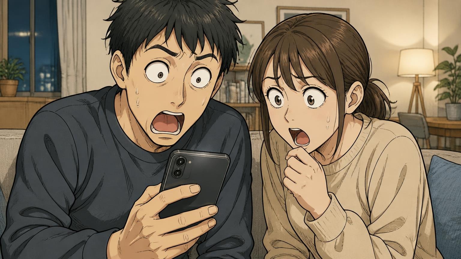 価格に対して見た目が控えめに映る 夜のリビングでスマホの商品ページの値段を見た男性が目を丸くして妻と顔を見合わせる場面