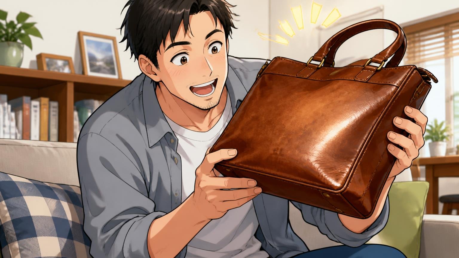 長く使った人の口コミで分かる革の信頼性。リビングで男性が数年使った革バッグを光にかざし感心する場面