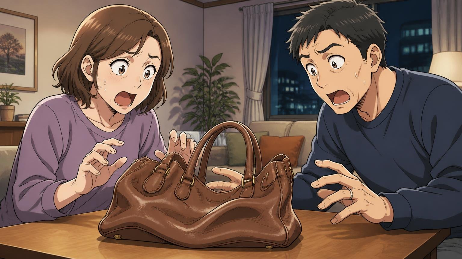 症状でわかる、あなたのバッグの型崩れタイプ 夜のリビングで底が沈んだ革のバッグを点検する場面 夫婦2人が驚いて顔を見合わせる表情