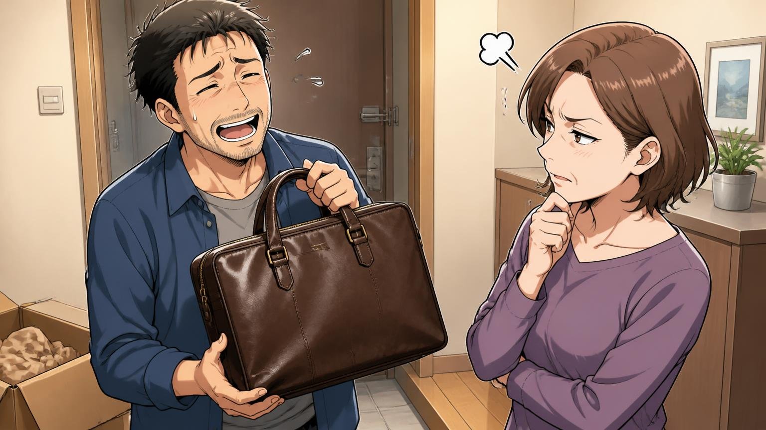 「ダサい」「地味」と言われる理由も正直に 自宅の玄関で届いたばかりの革バッグを妻に見せて苦笑いする40代男性と妻の2人の場面