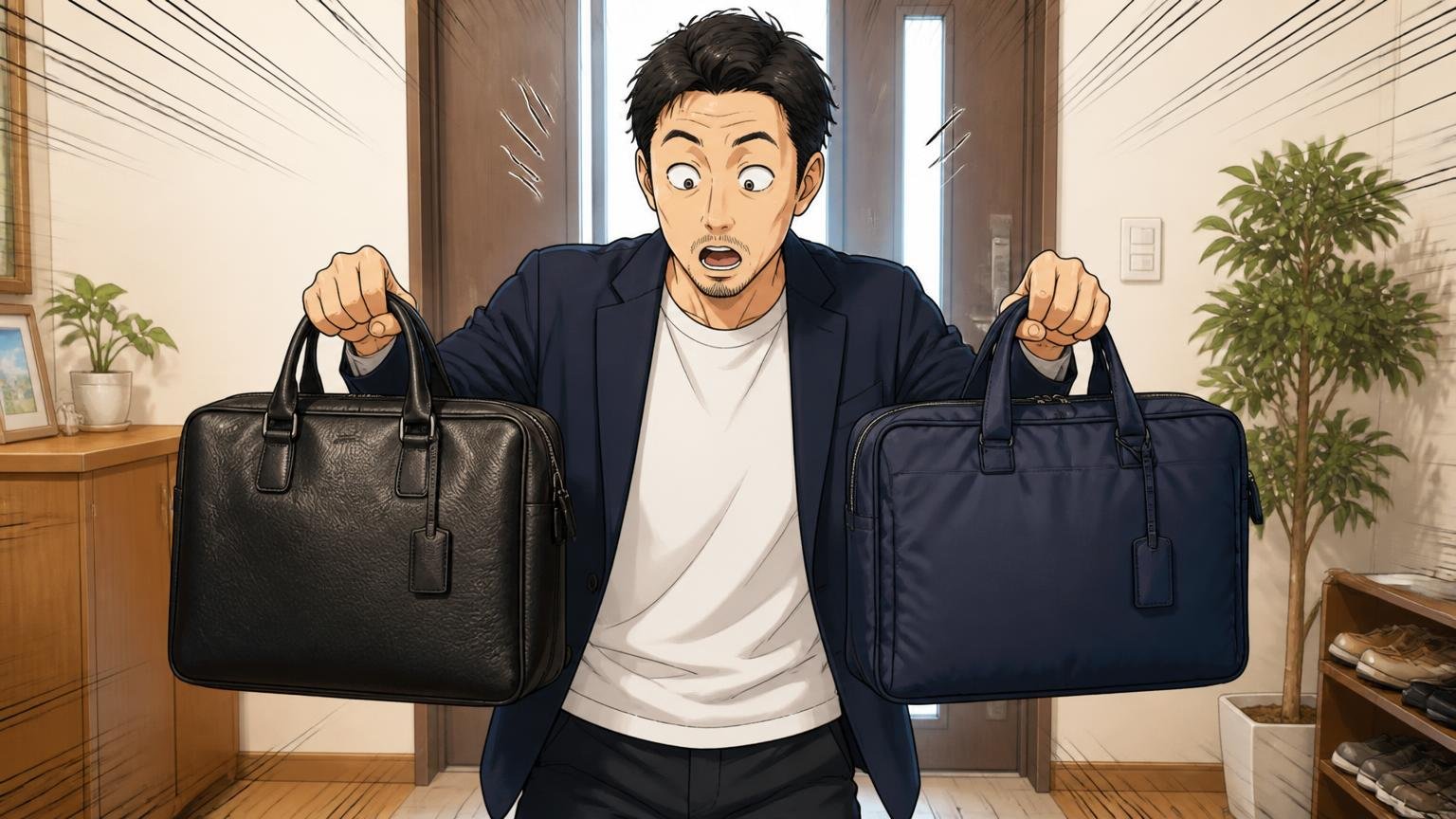 価格と重さ｜「アニアリは軽い」は本当か、ブリーフ同士で比べてみた、自宅の玄関で2つのブリーフケースを両手に持ち重さを比べて目を丸くする40代男性1人