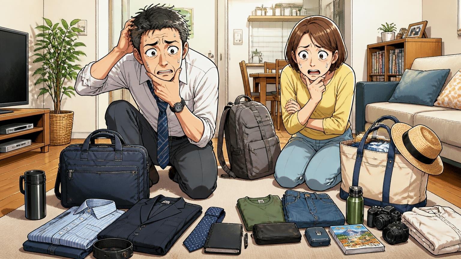通勤・出張・休日の「メイン」を決めずに、中途半端な1本を選ぶ　自宅のリビングで通勤用と休日用の荷物を床に並べ、どれを入れるか悩む40代男性1人と妻1人