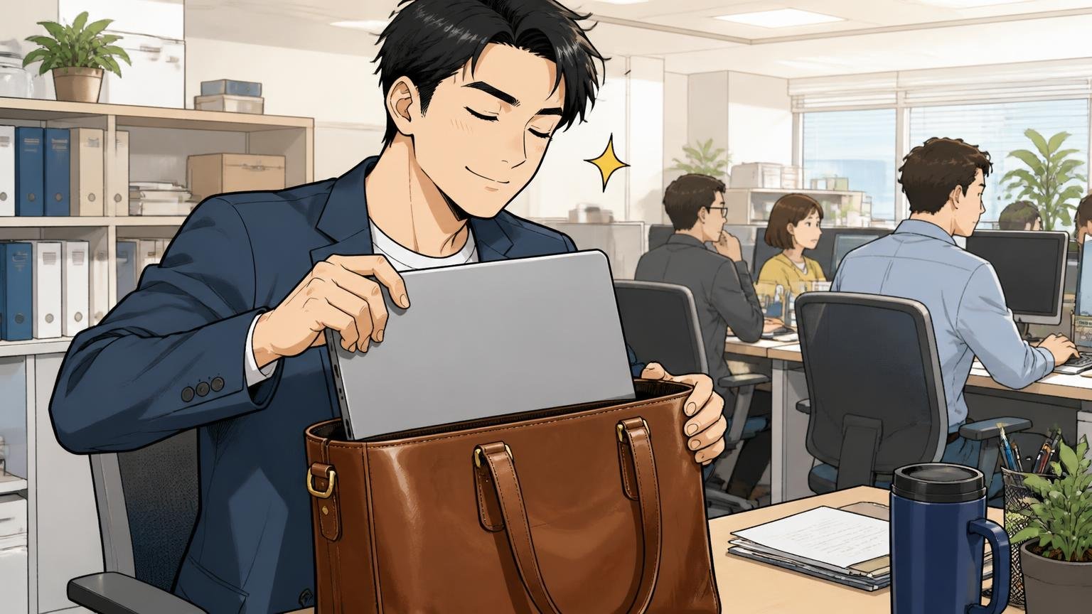 A4書類やノートPCが入る収納力 オフィスのデスク脇で革のトートにノートPCを差し込む男性が満足そうにうなずく場面