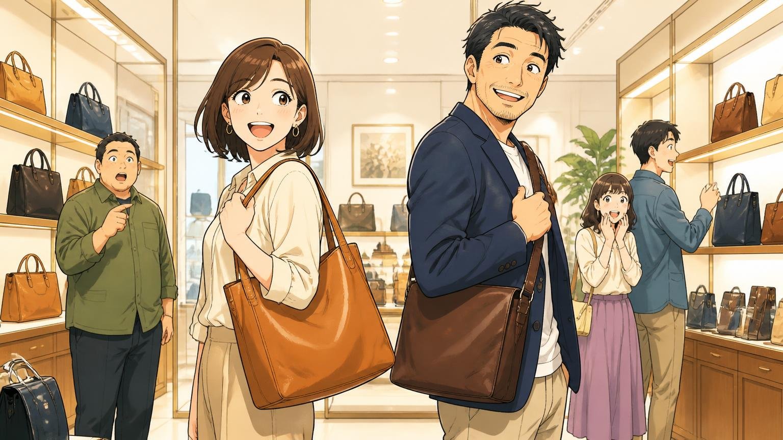 直営店と百貨店で実物を確かめられる 直営店の明るい売り場で30代女性と40代男性が革バッグを肩にかけて試す場面