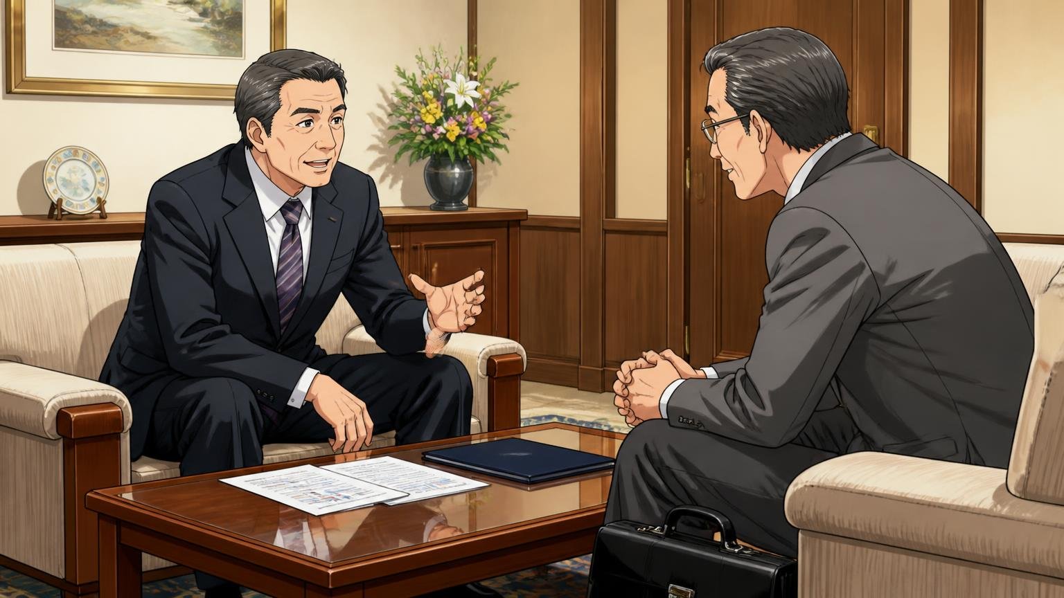 年齢や役職が上でも浮かない落ち着きがある 応接室で黒いブリーフケースを足元に置き商談する50代男性2人