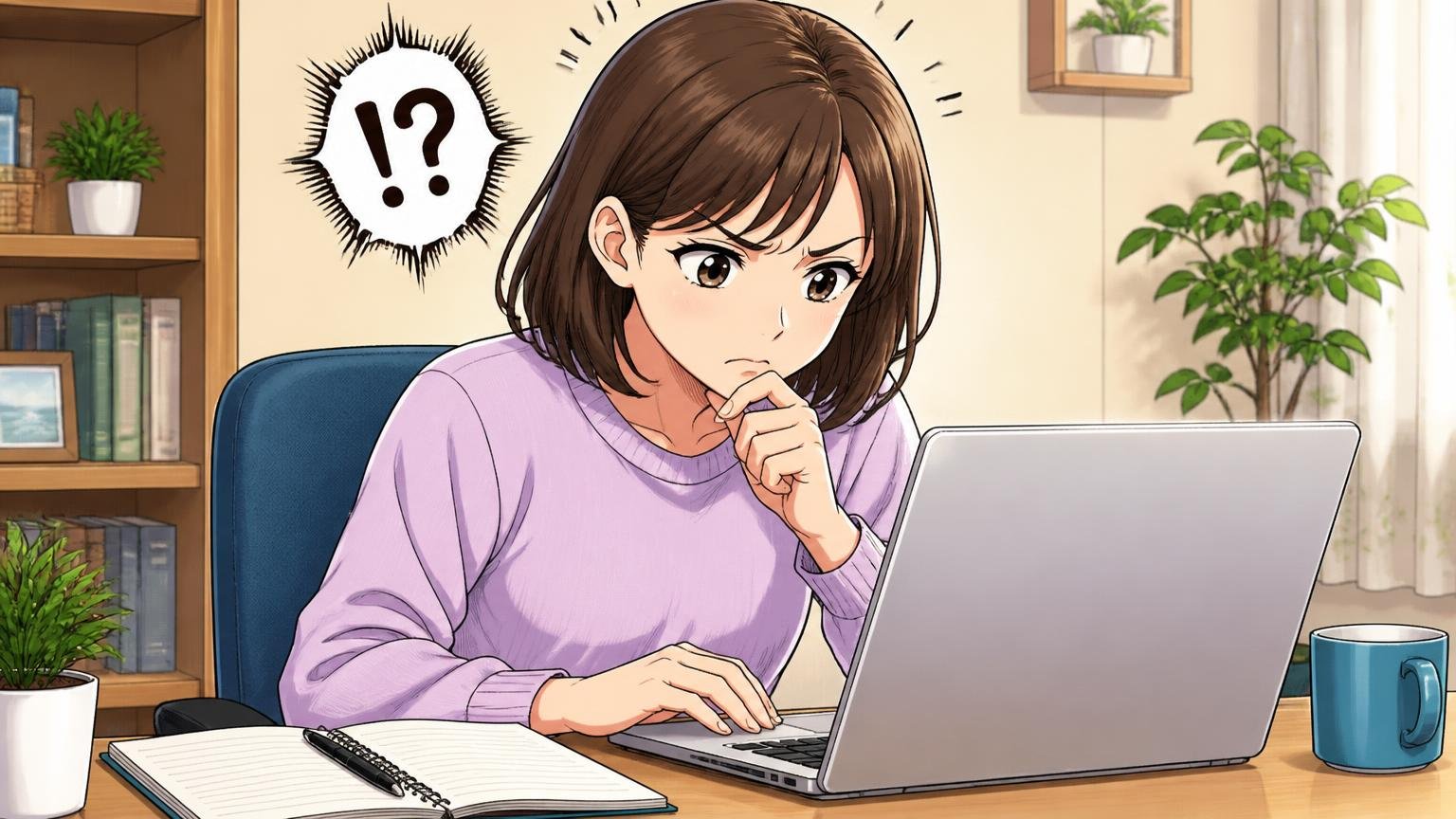 購入前に確認したい返品と修理の条件 自宅のデスクでパソコンの返品規約を読み込む30代女性1人が眉をひそめる場面