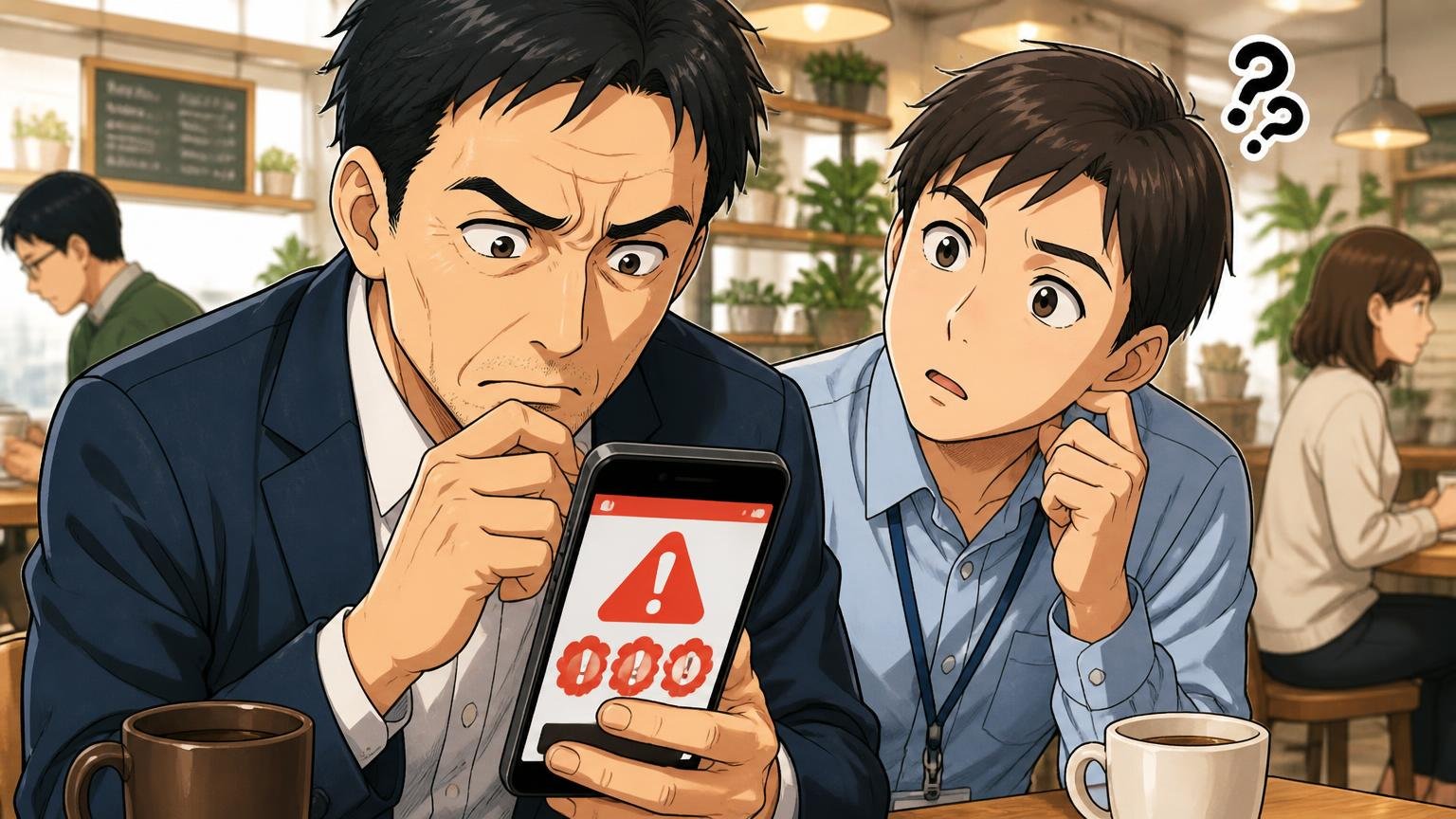 サクラチェッカーの要注意表示、カフェでスマホの警告画面を見て眉をひそめる40代男性と首をかしげる後輩