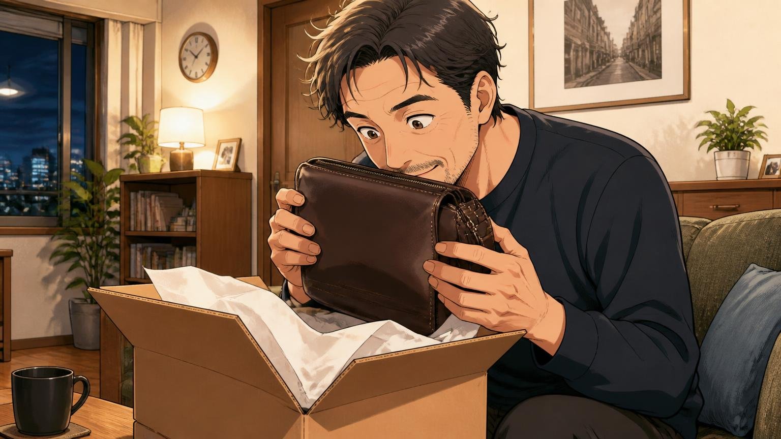 公式通販の送料と返品条件 夜のリビングで届いたバッグの箱を開けて革の香りを確かめる40代男性1人