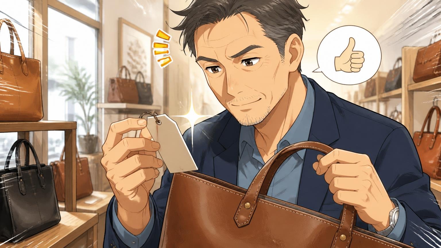 「牛革」表示とJISの定義から分かる素材の確かさ 明るいショップで革トートの品質表示タグを確かめる場面 40代男性1人が目を凝らしてうなずく