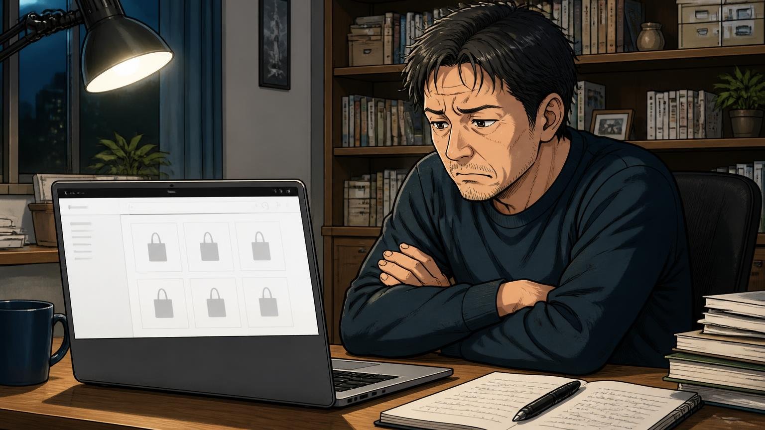 2026年10月時点で公式ストアのトートは0件、在庫限りで流通中/深夜の書斎でノートPCの空の商品一覧を見つめ、腕を組む40代男性1人