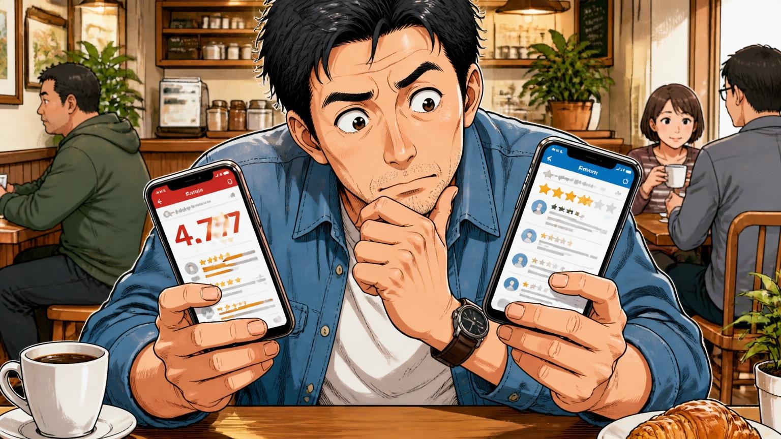 楽天の4.77はショップの評価 カフェの席でスマホのレビュー画面を見比べる場面 40代男性1人が眉を上げて考え込む